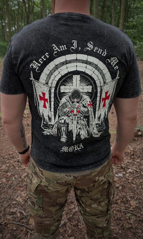 ISAIAH 6:8 Mora tactical washed T shirt on a muscular Bright Army veteran.