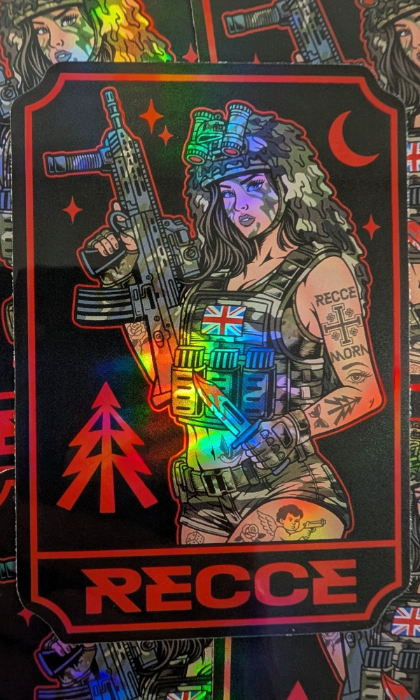 Holographic Recce pin up girl sticker.