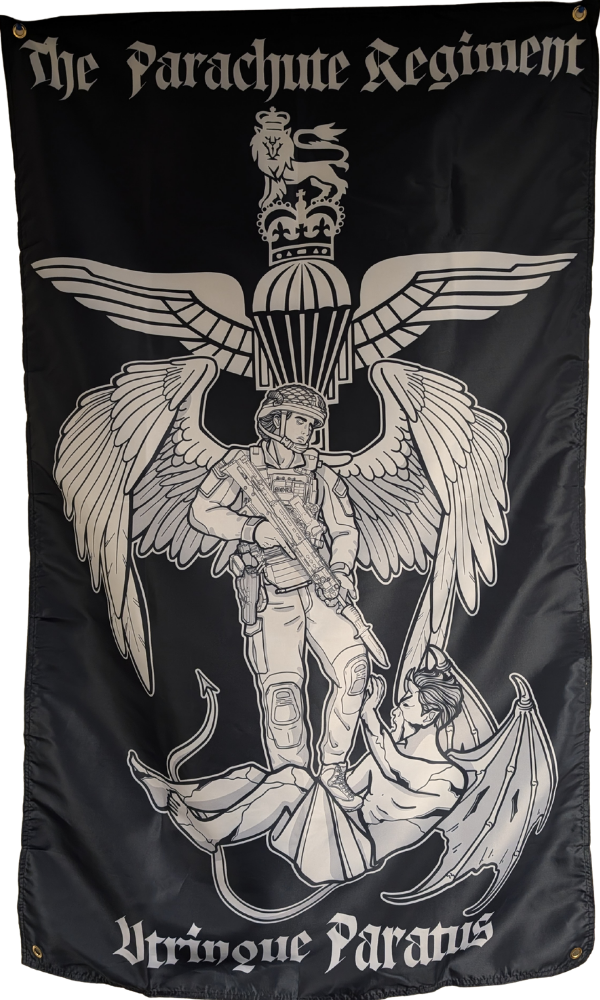 Saint Michael The Archangel in British combat kit with the Parachute Regiment capbadge behind him.