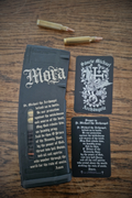 Saint Michael prayer card double sides next to a St Michael prayer engraved 5.56 Emag.